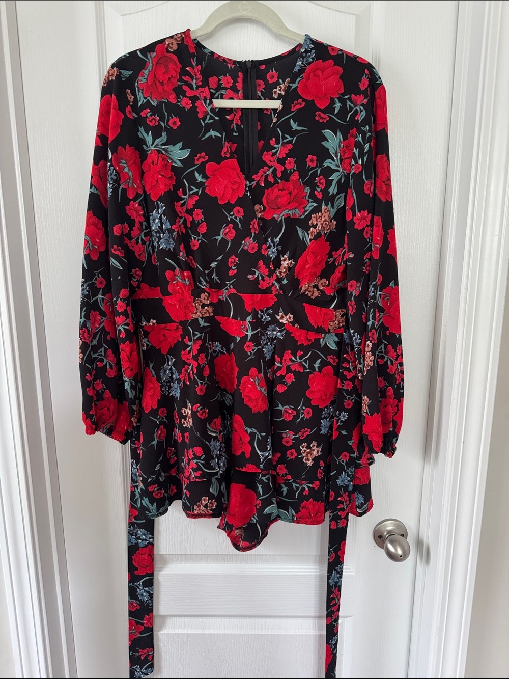 Black & Red Floral V-Neck Romper with tie and hidden zipper